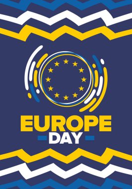 Avrupa Günü. Mayıs 'ta yıllık resmi tatil. Bu, Avrupa Konseyi 'nin 5 Mayıs, Avrupa Birliği' nin 9 Mayıs tarihli iki yıllık gözlemleme gününün adıdır. Poster, kart, afiş ve geçmiş. Vektör