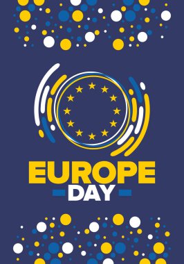 Avrupa Günü. Mayıs 'ta yıllık resmi tatil. Bu, Avrupa Konseyi 'nin 5 Mayıs, Avrupa Birliği' nin 9 Mayıs tarihli iki yıllık gözlemleme gününün adıdır. Poster, kart, afiş ve geçmiş. Vektör