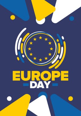 Avrupa Günü. Mayıs 'ta yıllık resmi tatil. Bu, Avrupa Konseyi 'nin 5 Mayıs, Avrupa Birliği' nin 9 Mayıs tarihli iki yıllık gözlemleme gününün adıdır. Poster, kart, afiş ve geçmiş. Vektör