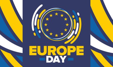 Avrupa Günü. Mayıs 'ta yıllık resmi tatil. Bu, Avrupa Konseyi 'nin 5 Mayıs, Avrupa Birliği' nin 9 Mayıs tarihli iki yıllık gözlemleme gününün adıdır. Poster, kart, afiş ve geçmiş. Vektör