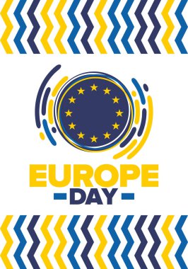 Avrupa Günü. Mayıs 'ta yıllık resmi tatil. Bu, Avrupa Konseyi 'nin 5 Mayıs, Avrupa Birliği' nin 9 Mayıs tarihli iki yıllık gözlemleme gününün adıdır. Poster, kart, afiş ve geçmiş. Vektör