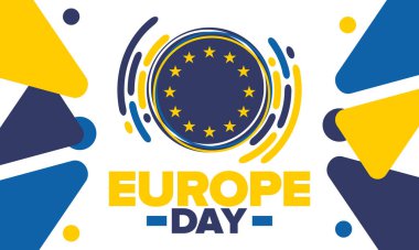 Avrupa Günü. Mayıs 'ta yıllık resmi tatil. Bu, Avrupa Konseyi 'nin 5 Mayıs, Avrupa Birliği' nin 9 Mayıs tarihli iki yıllık gözlemleme gününün adıdır. Poster, kart, afiş ve geçmiş. Vektör