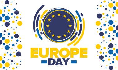 Avrupa Günü. Mayıs 'ta yıllık resmi tatil. Bu, Avrupa Konseyi 'nin 5 Mayıs, Avrupa Birliği' nin 9 Mayıs tarihli iki yıllık gözlemleme gününün adıdır. Poster, kart, afiş ve geçmiş. Vektör