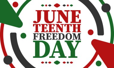 Haziran 'da. Haziranda Özgürlük ve Özgürlük Günü. Bağımsızlık Günü. Yıllık Afro-Amerikan bayramı, 19 Haziran 'da kutlandı. Amerikan tarihi ve mirası. Vektör posteri, illüstrasyon ve afiş