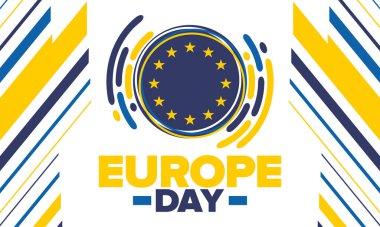 Avrupa Günü. Mayıs 'ta yıllık resmi tatil. Bu, Avrupa Konseyi 'nin 5 Mayıs, Avrupa Birliği' nin 9 Mayıs tarihli iki yıllık gözlemleme gününün adıdır. Poster, kart, afiş ve geçmiş. Vektör