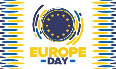 Avrupa Günü. Mayıs 'ta yıllık resmi tatil. Bu, Avrupa Konseyi 'nin 5 Mayıs, Avrupa Birliği' nin 9 Mayıs tarihli iki yıllık gözlemleme gününün adıdır. Poster, kart, afiş ve geçmiş. Vektör