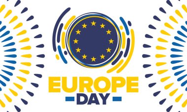 Avrupa Günü. Mayıs 'ta yıllık resmi tatil. Bu, Avrupa Konseyi 'nin 5 Mayıs, Avrupa Birliği' nin 9 Mayıs tarihli iki yıllık gözlemleme gününün adıdır. Poster, kart, afiş ve geçmiş. Vektör