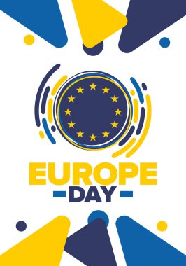 Avrupa Günü. Mayıs 'ta yıllık resmi tatil. Bu, Avrupa Konseyi 'nin 5 Mayıs, Avrupa Birliği' nin 9 Mayıs tarihli iki yıllık gözlemleme gününün adıdır. Poster, kart, afiş ve geçmiş. Vektör
