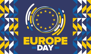 Avrupa Günü. Mayıs 'ta yıllık resmi tatil. Bu, Avrupa Konseyi 'nin 5 Mayıs, Avrupa Birliği' nin 9 Mayıs tarihli iki yıllık gözlemleme gününün adıdır. Poster, kart, afiş ve geçmiş. Vektör
