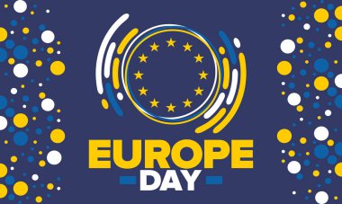 Avrupa Günü. Mayıs 'ta yıllık resmi tatil. Bu, Avrupa Konseyi 'nin 5 Mayıs, Avrupa Birliği' nin 9 Mayıs tarihli iki yıllık gözlemleme gününün adıdır. Poster, kart, afiş ve geçmiş. Vektör