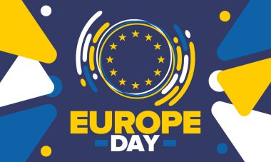 Avrupa Günü. Mayıs 'ta yıllık resmi tatil. Bu, Avrupa Konseyi 'nin 5 Mayıs, Avrupa Birliği' nin 9 Mayıs tarihli iki yıllık gözlemleme gününün adıdır. Poster, kart, afiş ve geçmiş. Vektör