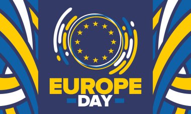 Avrupa Günü. Mayıs 'ta yıllık resmi tatil. Bu, Avrupa Konseyi 'nin 5 Mayıs, Avrupa Birliği' nin 9 Mayıs tarihli iki yıllık gözlemleme gününün adıdır. Poster, kart, afiş ve geçmiş. Vektör