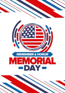 Amerika 'da Anma Günü. Unutma ve onurlandır. Birleşik Devletler Silahlı Kuvvetleri 'nde görev yaparken ölen insanları hatırlamak ve onurlandırmak için federal bayram. Mayıs 'ta kutlandı. Vektör posteri