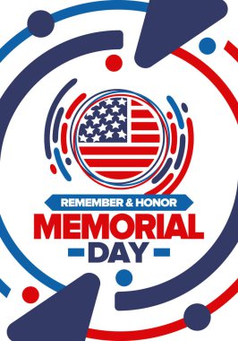 Amerika 'da Anma Günü. Unutma ve onurlandır. Birleşik Devletler Silahlı Kuvvetleri 'nde görev yaparken ölen insanları hatırlamak ve onurlandırmak için federal bayram. Mayıs 'ta kutlandı. Vektör posteri