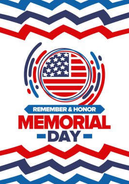 Amerika 'da Anma Günü. Unutma ve onurlandır. Birleşik Devletler Silahlı Kuvvetleri 'nde görev yaparken ölen insanları hatırlamak ve onurlandırmak için federal bayram. Mayıs 'ta kutlandı. Vektör posteri