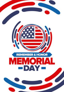 Amerika 'da Anma Günü. Unutma ve onurlandır. Birleşik Devletler Silahlı Kuvvetleri 'nde görev yaparken ölen insanları hatırlamak ve onurlandırmak için federal bayram. Mayıs 'ta kutlandı. Vektör posteri