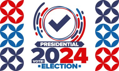 Birleşik Devletler 'de 2024 Başkanlık Seçimi. Oylama günü, 5 Kasım. Amerikan seçim kampanyası. Seçimini yap! Vatansever Amerikan vektör illüstrasyonu. Poster, kart, afiş ve arkaplan