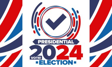 Birleşik Devletler 'de 2024 Başkanlık Seçimi. Oylama günü, 5 Kasım. Amerikan seçim kampanyası. Seçimini yap! Vatansever Amerikan vektör illüstrasyonu. Poster, kart, afiş ve arkaplan