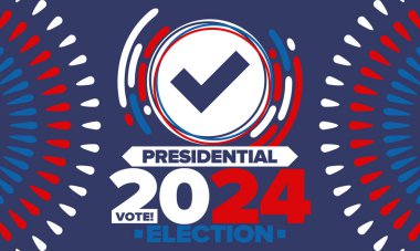 Birleşik Devletler 'de 2024 Başkanlık Seçimi. Oylama günü, 5 Kasım. Amerikan seçim kampanyası. Seçimini yap! Vatansever Amerikan vektör illüstrasyonu. Poster, kart, afiş ve arkaplan