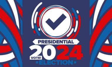Birleşik Devletler 'de 2024 Başkanlık Seçimi. Oylama günü, 5 Kasım. Amerikan seçim kampanyası. Seçimini yap! Vatansever Amerikan vektör illüstrasyonu. Poster, kart, afiş ve arkaplan