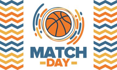 Basketbol Maçı Günü. Mart 'ta play-off var. Amerika 'da süper spor partisi. Sezon şampiyonluğunun son maçları. Profesyonel takım turnuvası. Basketbol topu. Spor afişi. Vektör