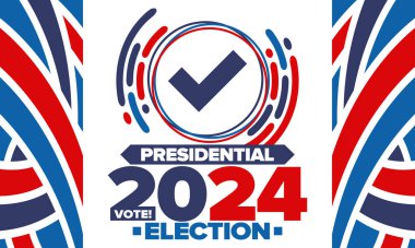 Birleşik Devletler 'de 2024 Başkanlık Seçimi. Oylama günü, 5 Kasım. Amerikan seçim kampanyası. Seçimini yap! Vatansever Amerikan vektör illüstrasyonu. Poster, kart, afiş ve arkaplan