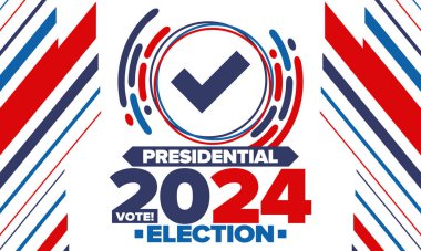 Birleşik Devletler 'de 2024 Başkanlık Seçimi. Oylama günü, 5 Kasım. Amerikan seçim kampanyası. Seçimini yap! Vatansever Amerikan vektör illüstrasyonu. Poster, kart, afiş ve arkaplan