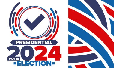 Birleşik Devletler 'de 2024 Başkanlık Seçimi. Oylama günü, 5 Kasım. Amerikan seçim kampanyası. Seçimini yap! Vatansever Amerikan vektör illüstrasyonu. Poster, kart, afiş ve arkaplan