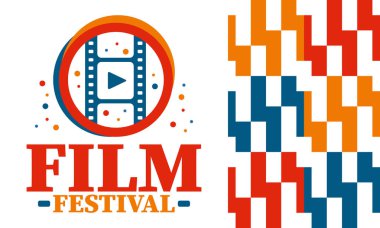 Film Festivali. Film ödülü. Sinematografi etkinliği. Sinema prömiyeri grafiği. Video yapım stüdyosu. Film yapma sanatı. Film şeridi logosu. Gösteri ve eğlence. Vektör çizimi. Poster tasarımı