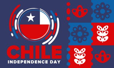 Şili Bağımsızlık Günü. Mutlu bayramlar Patrias. Özgürlük günü. Yıllığı 18 Eylül 'de kutlayın. Şili bayrağı. Vatansever Şili tasarımı. Poster, kart, afiş, şablon, geçmiş. Vektör