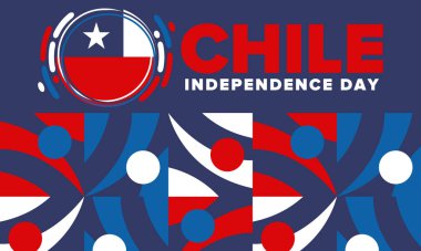 Şili Bağımsızlık Günü. Mutlu bayramlar Patrias. Özgürlük günü. Yıllığı 18 Eylül 'de kutlayın. Şili bayrağı. Vatansever Şili tasarımı. Poster, kart, afiş, şablon, geçmiş. Vektör