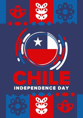 Şili Bağımsızlık Günü. Mutlu bayramlar Patrias. Özgürlük günü. Yıllığı 18 Eylül 'de kutlayın. Şili bayrağı. Vatansever Şili tasarımı. Poster, kart, afiş, şablon, geçmiş. Vektör
