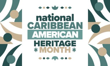 Haziran 'da Karayip Amerikan Mirası Ayı. Amerika 'nın insanlarına Kültür Ayı. Yıldönümünü festivalle kutlayın. İyi tatiller. Poster, kart, afiş ve geçmiş. Vektör illüstrasyonu