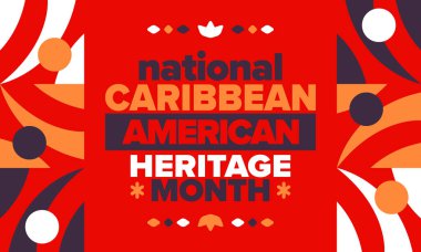 Haziran 'da Karayip Amerikan Mirası Ayı. Amerika 'nın insanlarına Kültür Ayı. Yıldönümünü festivalle kutlayın. İyi tatiller. Poster, kart, afiş ve geçmiş. Vektör illüstrasyonu