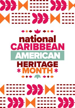 Haziran 'da Karayip Amerikan Mirası Ayı. Amerika 'nın insanlarına Kültür Ayı. Yıldönümünü festivalle kutlayın. İyi tatiller. Poster, kart, afiş ve geçmiş. Vektör illüstrasyonu