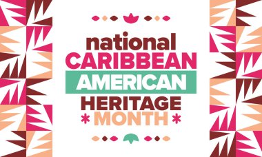 Haziran 'da Karayip Amerikan Mirası Ayı. Amerika 'nın insanlarına Kültür Ayı. Yıldönümünü festivalle kutlayın. İyi tatiller. Poster, kart, afiş ve geçmiş. Vektör illüstrasyonu