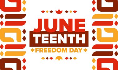 Haziran 'da. Haziranda Özgürlük ve Özgürlük Günü. Bağımsızlık Günü. Yıllık Afro-Amerikan bayramı, 19 Haziran 'da kutlandı. Amerikan tarihi ve mirası. Vektör posteri, illüstrasyon ve afiş