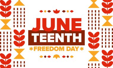 Haziran 'da. Haziranda Özgürlük ve Özgürlük Günü. Bağımsızlık Günü. Yıllık Afro-Amerikan bayramı, 19 Haziran 'da kutlandı. Amerikan tarihi ve mirası. Vektör posteri, illüstrasyon ve afiş