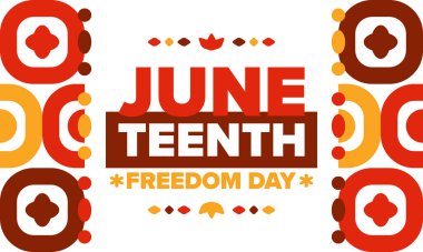 Haziran 'da. Haziranda Özgürlük ve Özgürlük Günü. Bağımsızlık Günü. Yıllık Afro-Amerikan bayramı, 19 Haziran 'da kutlandı. Amerikan tarihi ve mirası. Vektör posteri, illüstrasyon ve afiş