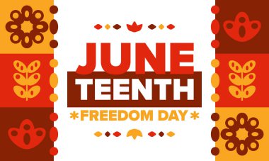 Haziran 'da. Haziranda Özgürlük ve Özgürlük Günü. Bağımsızlık Günü. Yıllık Afro-Amerikan bayramı, 19 Haziran 'da kutlandı. Amerikan tarihi ve mirası. Vektör posteri, illüstrasyon ve afiş