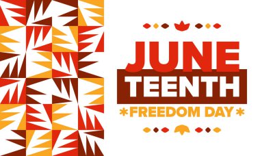 Haziran 'da. Haziranda Özgürlük ve Özgürlük Günü. Bağımsızlık Günü. Yıllık Afro-Amerikan bayramı, 19 Haziran 'da kutlandı. Amerikan tarihi ve mirası. Vektör posteri, illüstrasyon ve afiş