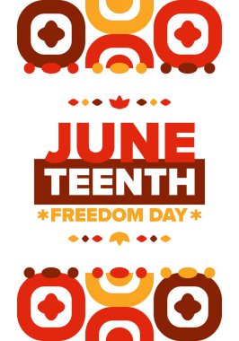 Haziran 'da. Haziranda Özgürlük ve Özgürlük Günü. Bağımsızlık Günü. Yıllık Afro-Amerikan bayramı, 19 Haziran 'da kutlandı. Amerikan tarihi ve mirası. Vektör posteri, illüstrasyon ve afiş