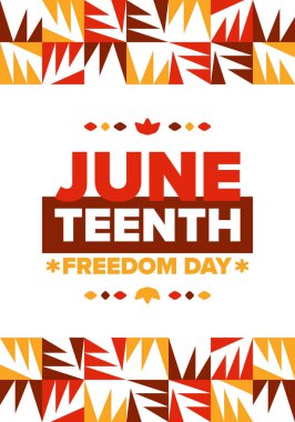 Haziran 'da. Haziranda Özgürlük ve Özgürlük Günü. Bağımsızlık Günü. Yıllık Afro-Amerikan bayramı, 19 Haziran 'da kutlandı. Amerikan tarihi ve mirası. Vektör posteri, illüstrasyon ve afiş