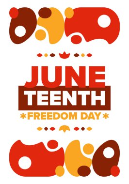 Haziran 'da. Haziranda Özgürlük ve Özgürlük Günü. Bağımsızlık Günü. Yıllık Afro-Amerikan bayramı, 19 Haziran 'da kutlandı. Amerikan tarihi ve mirası. Vektör posteri, illüstrasyon ve afiş