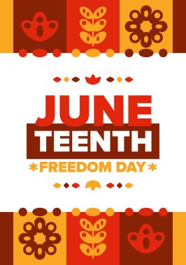 Haziran 'da. Haziranda Özgürlük ve Özgürlük Günü. Bağımsızlık Günü. Yıllık Afro-Amerikan bayramı, 19 Haziran 'da kutlandı. Amerikan tarihi ve mirası. Vektör posteri, illüstrasyon ve afiş