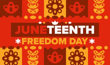 Haziran 'da. Haziranda Özgürlük ve Özgürlük Günü. Bağımsızlık Günü. Yıllık Afro-Amerikan bayramı, 19 Haziran 'da kutlandı. Amerikan tarihi ve mirası. Vektör posteri, illüstrasyon ve afiş