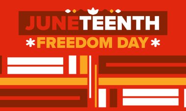 Haziran 'da. Haziranda Özgürlük ve Özgürlük Günü. Bağımsızlık Günü. Yıllık Afro-Amerikan bayramı, 19 Haziran 'da kutlandı. Amerikan tarihi ve mirası. Vektör posteri, illüstrasyon ve afiş