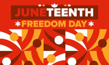 Haziran 'da. Haziranda Özgürlük ve Özgürlük Günü. Bağımsızlık Günü. Yıllık Afro-Amerikan bayramı, 19 Haziran 'da kutlandı. Amerikan tarihi ve mirası. Vektör posteri, illüstrasyon ve afiş