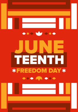Haziran 'da. Haziranda Özgürlük ve Özgürlük Günü. Bağımsızlık Günü. Yıllık Afro-Amerikan bayramı, 19 Haziran 'da kutlandı. Amerikan tarihi ve mirası. Vektör posteri, illüstrasyon ve afiş