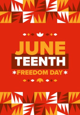 Haziran 'da. Haziranda Özgürlük ve Özgürlük Günü. Bağımsızlık Günü. Yıllık Afro-Amerikan bayramı, 19 Haziran 'da kutlandı. Amerikan tarihi ve mirası. Vektör posteri, illüstrasyon ve afiş